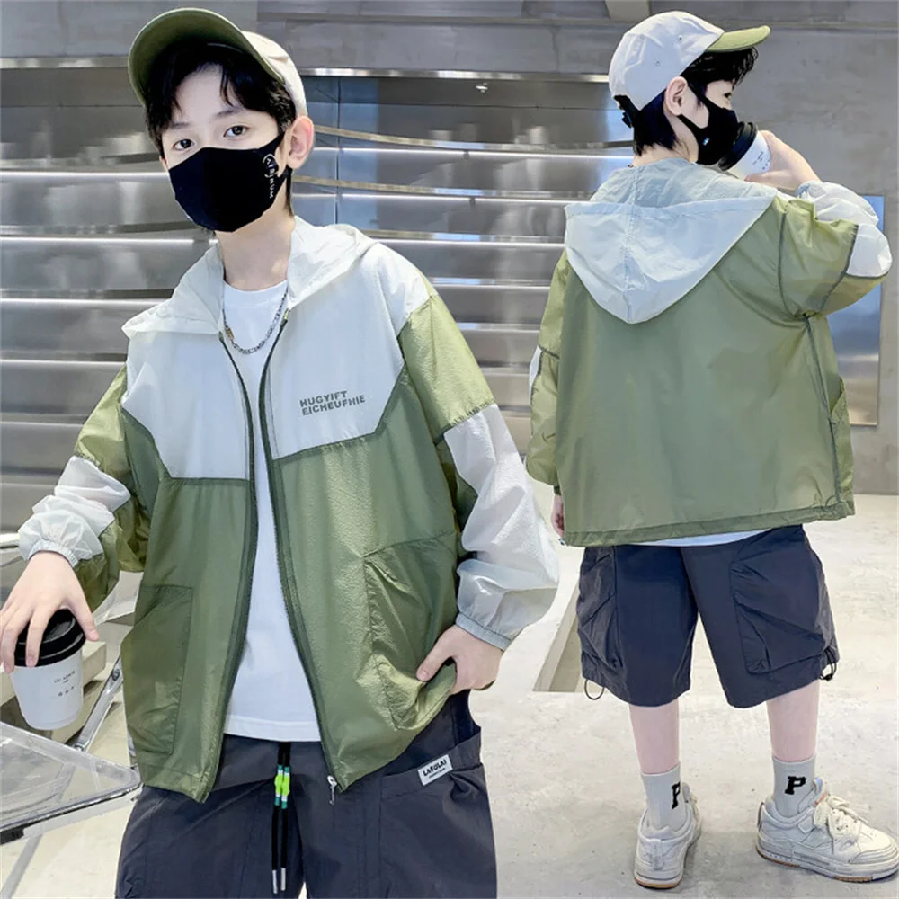 

WTS320 Summer Boys Sunscreen Coat Lightweight Hooded Fashion Youngsters Kid Sunscreen Jacket