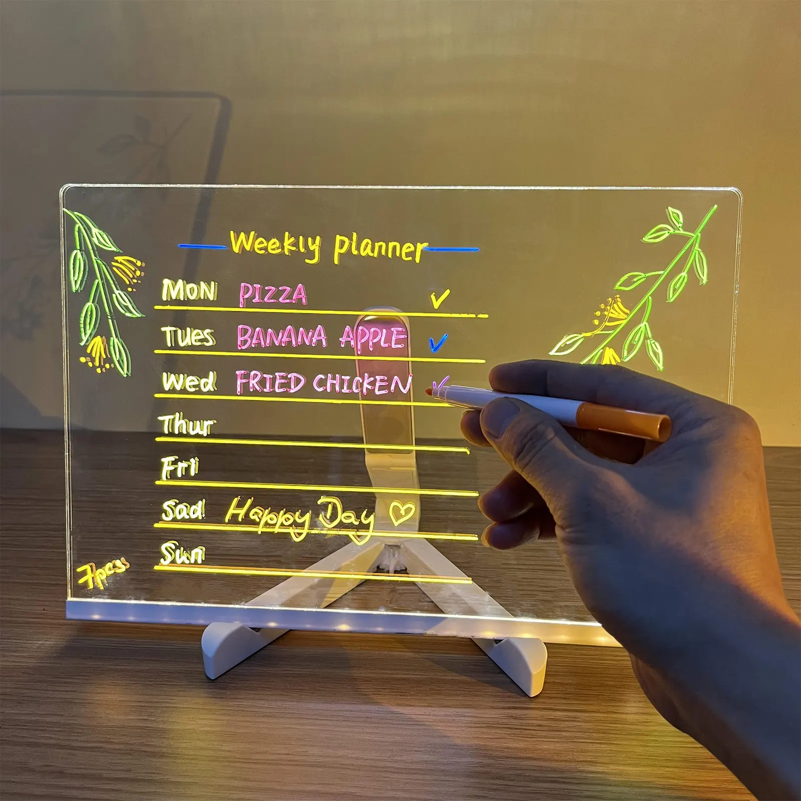 LED Transparent Message Board Equipped with 7-Color Pen and Holder Can Repeatedly Wipe Memo on Advertising Board