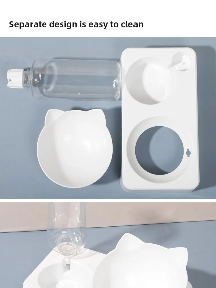 white cat water fountain and food bowl