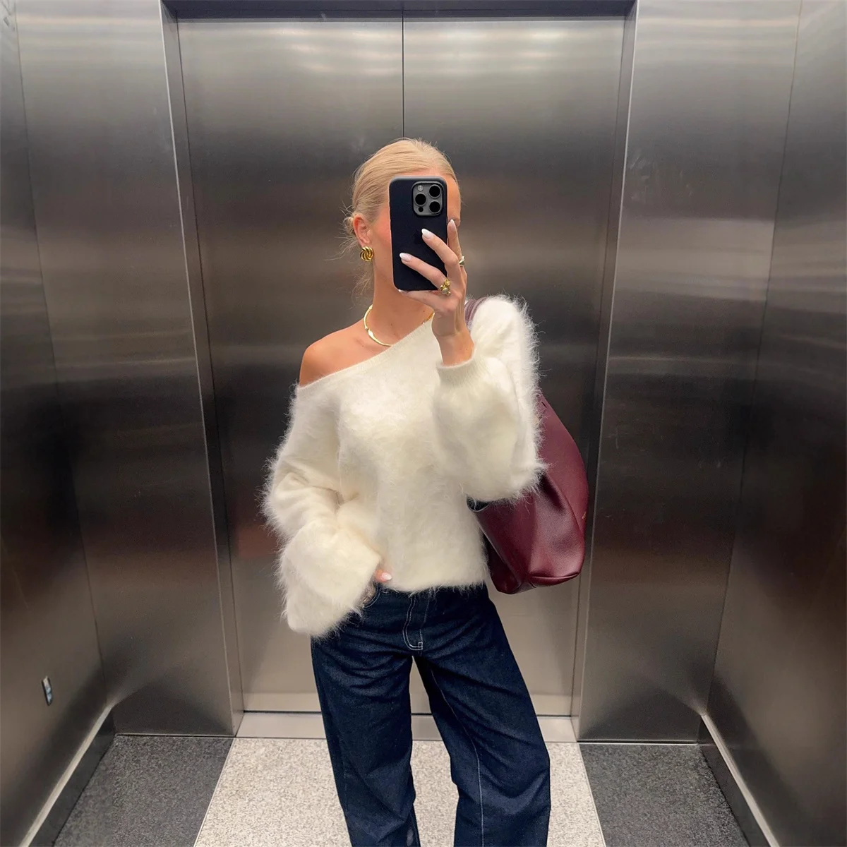 Sweet Solid Off Shoulder Cropped Sweater Pullover Fashion Full Sleeve Loose Knitted Knitwear Lady High Street Autumn Sweaters