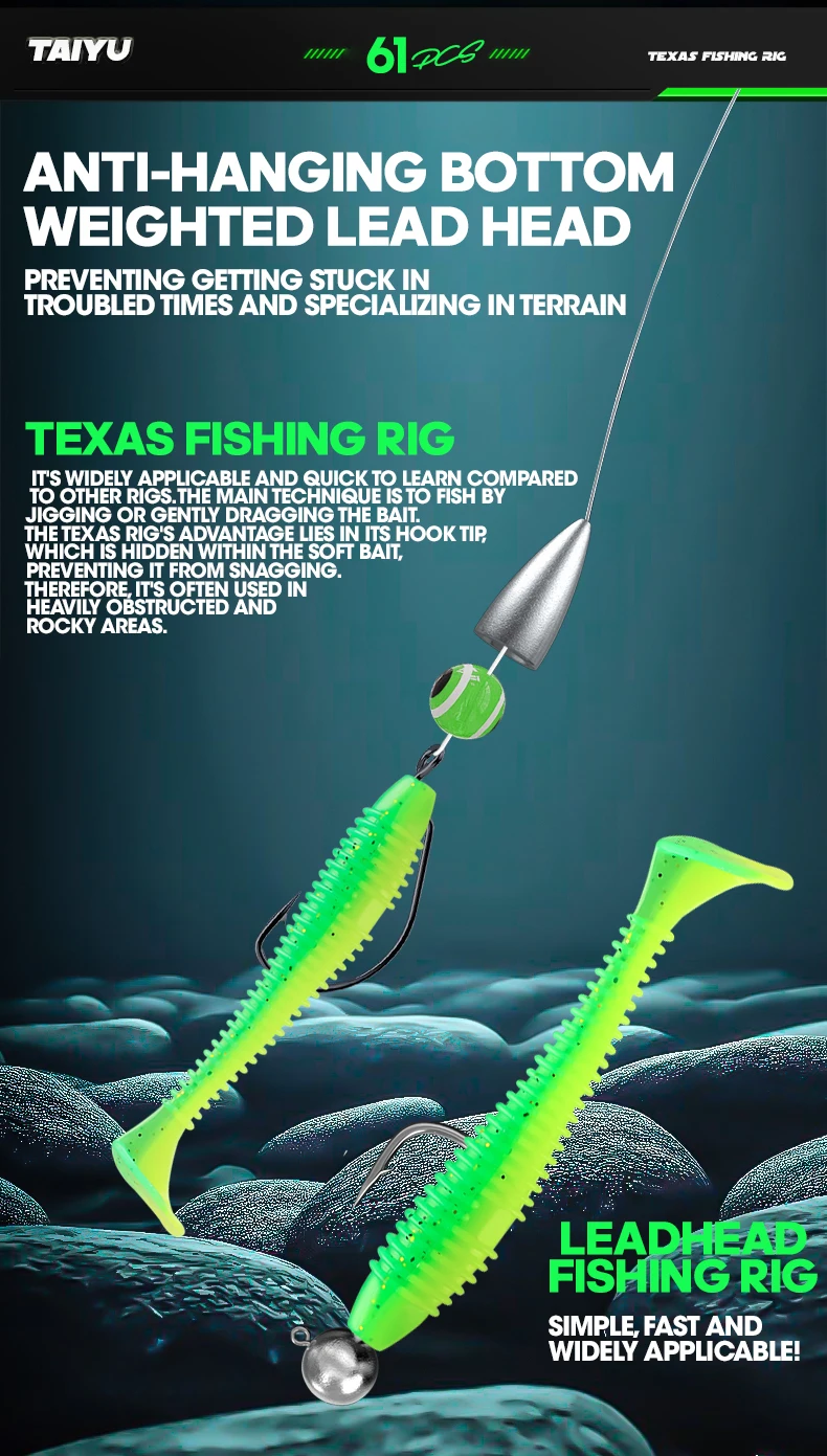 TAIYU 61-teiliges Köder-Set mit T-Tail-Weichködern, Bleikopfhaken, Crank-Haken, Texas-Angelset, Komplettset – Detail 8