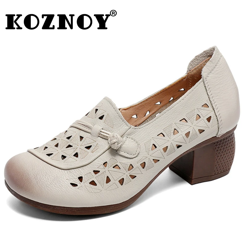 

Koznoy 4.5cm Genuine Leather Ethnic Summer Chunky Heels Sandals Luxury Summer Women Hollow Fashion Ladies Slip on Fashion Shoes