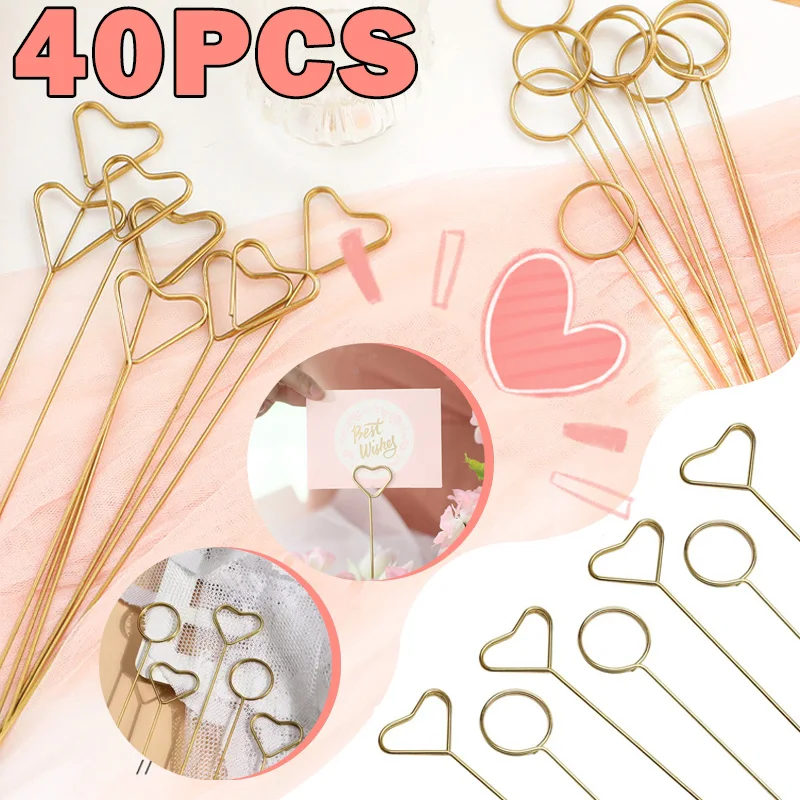 New Floral Greeting Card Holder Stick Flower Bouquet Cake Card Stick Clips Heart Round Shape for Wedding Party Wrapping Supplies
