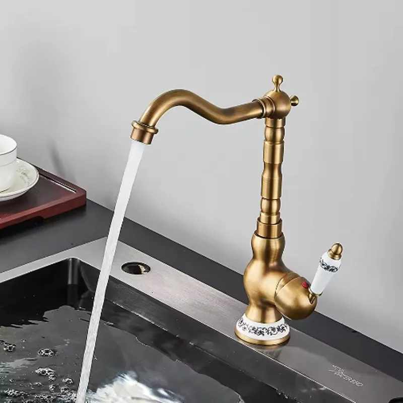 Antique Brass Bathroom Faucet Rotating Spout Basin Sink Mixer Tap Bathroom Kitchen Washing Faucet  Kitchen Taps Washbasin Mixers