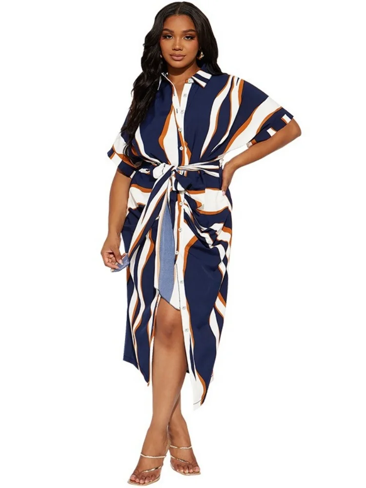 Wmstar Plus Size Women's Dresses 2025 Wholesale Striped Tie Lapel Short Sleeve Button Bandage Elegant Long Dress Drop Shopping