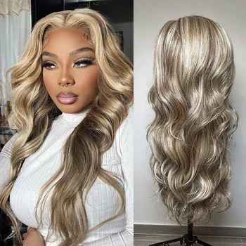 Blonde Highlighted Wig 13x4 Lace Front Wig Long Body Wave Glueless Synthetic Hair Brown Blond Natural Hairline Women Wig Daily