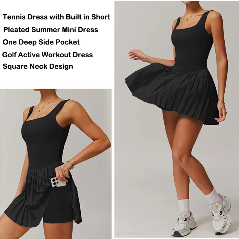 Workout Tennis Dress with Built in Shorts Square Neck Padded Workout Dress with Pockets Golf Athletic Mini Dresses women dress sports clothing