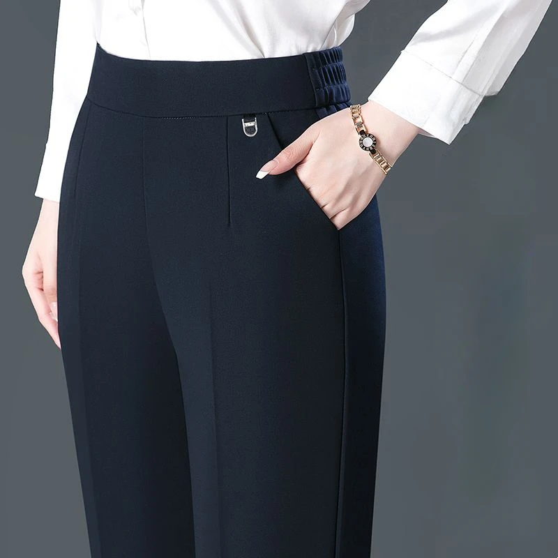 Temperament Casual Autumn Winter Plus Velvet Thicken Pants New Women Solid Pockets Elastic High Waist Fashion Straight Trousers 5