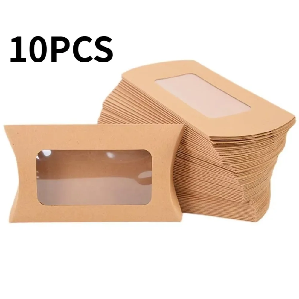 10 Stück Kissenform Keks-Süßigkeitsboxen mit transparentem Fenster, kleines Geschenk, faltbare Papierbox, DIY Kraftpapier