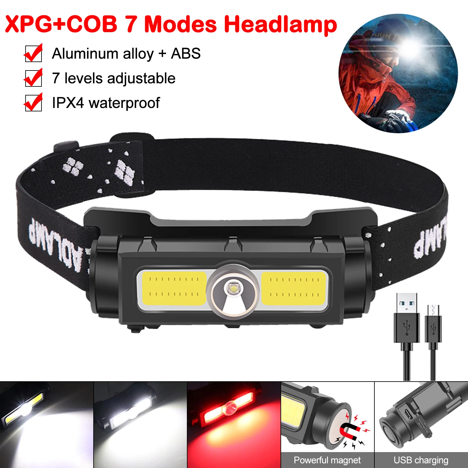

Mini Magnet Headlamp 1200mAh Powerful XPG+COB LED 7-modes White+Red Headlight Waterproof USB Rechargeable Display Head Torch