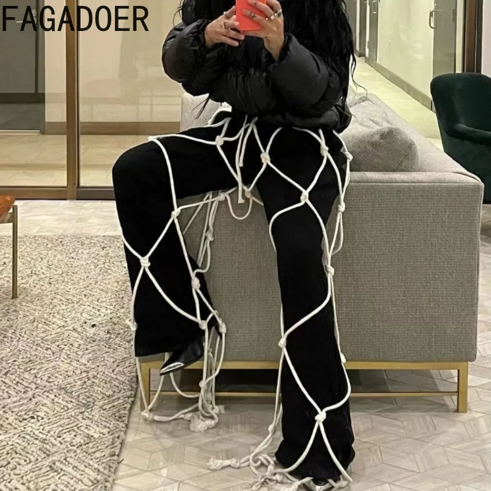 FAGADOER Y2k Streetwear Black Flare Pants Fashion 2024 Harajuku High Waist Rope Patchwork Pockets Baggy Trousers Sweatpants