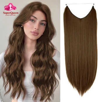 #4 Wire Hair Extensions Real Human Hair Straight Middle Brown Clip In Hair Extensions Fish Line 16-26 Inch Halo Hair Extensions