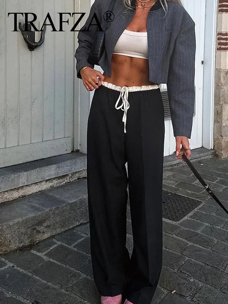 HH 2024 Women Casual Pant Waist Patchwork Wide Leg Pants Loose High Waist Splice Design Trousers Autumn Woman Chic Pants