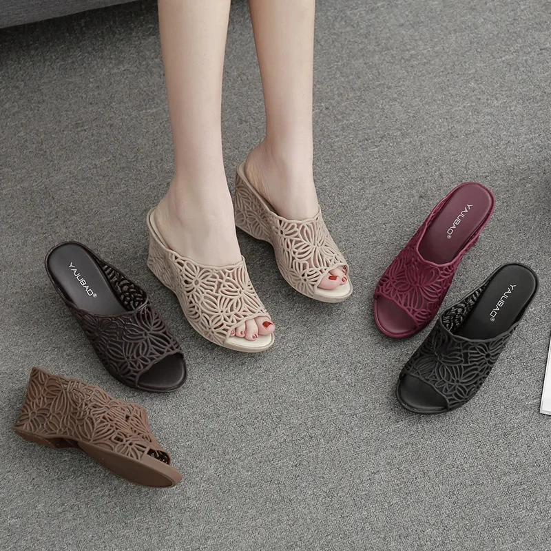 Summer Hollowed-out High Heels Jelly Slippers Women's Non-slip Plastic Wedge Sandals Fashion Outdoor Wear Thick Soles