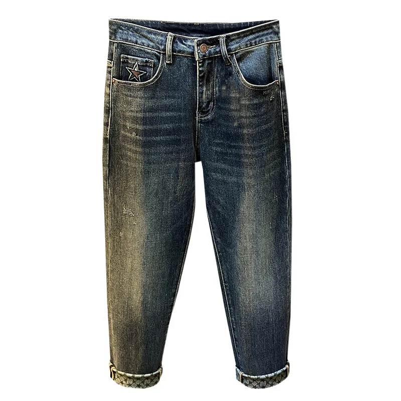 Slim-fitting small straight blue gray jeans for men 2024 spring and autumn fashion embroidered printed retro casual long pants 5