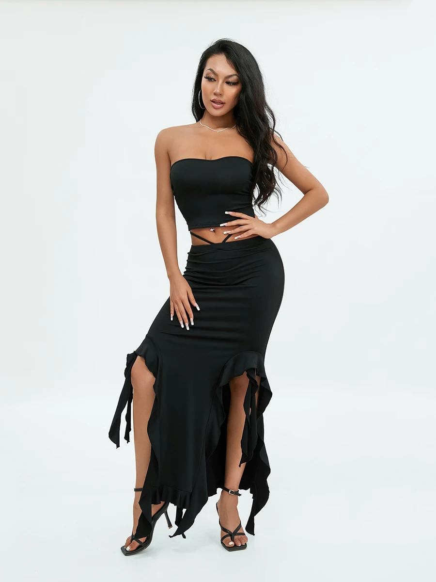 

New Fashio Women Summer Outfits Casual Solid Color Strapless Bandeau And Irregular Ruffled Bandage Skirt Clubwear Hot Sale S M L