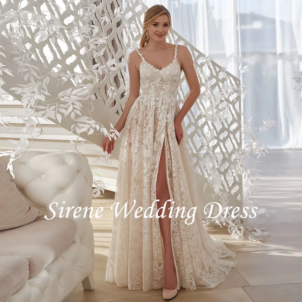 

Sirene Elegant Spaghetti Straps Wedding Dresses Illusion Sleeveless Bridal Gown Backless Lace Vestidos De Novia Sweep Train