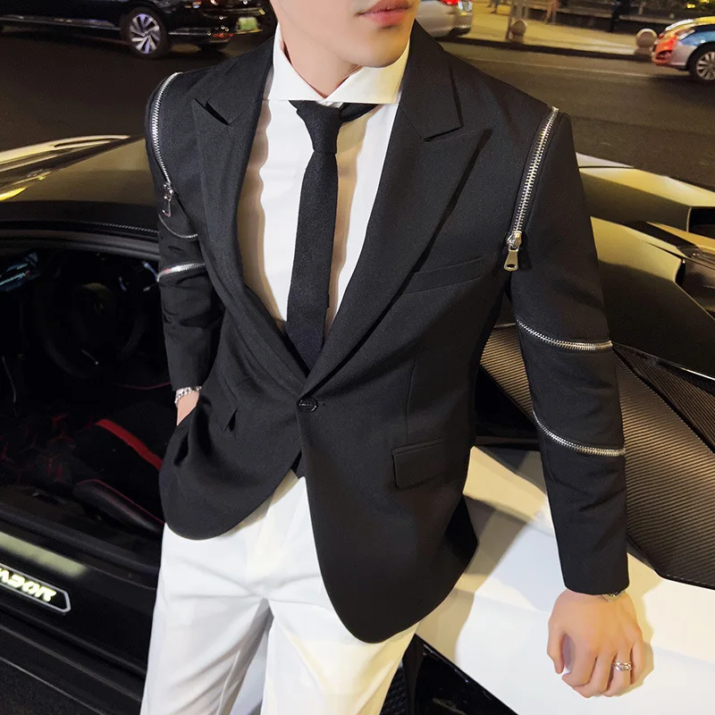 Winter Zipper Decoration Blazer Men Slim Casual Suit Jacket Wedding Business Dress Coat Banquet Singer Stage Men Clothing