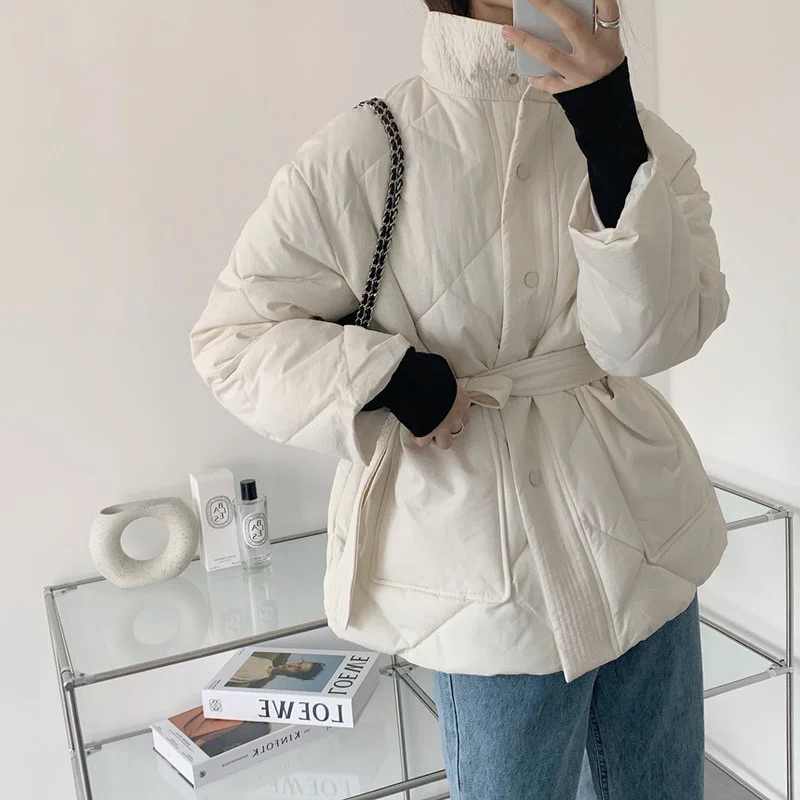 

Winter Thickened Diamond Check Cotton Padded Jacket Single-breasted Zipper Tie-up Parka Coat Stand-up Collar Female Jacket