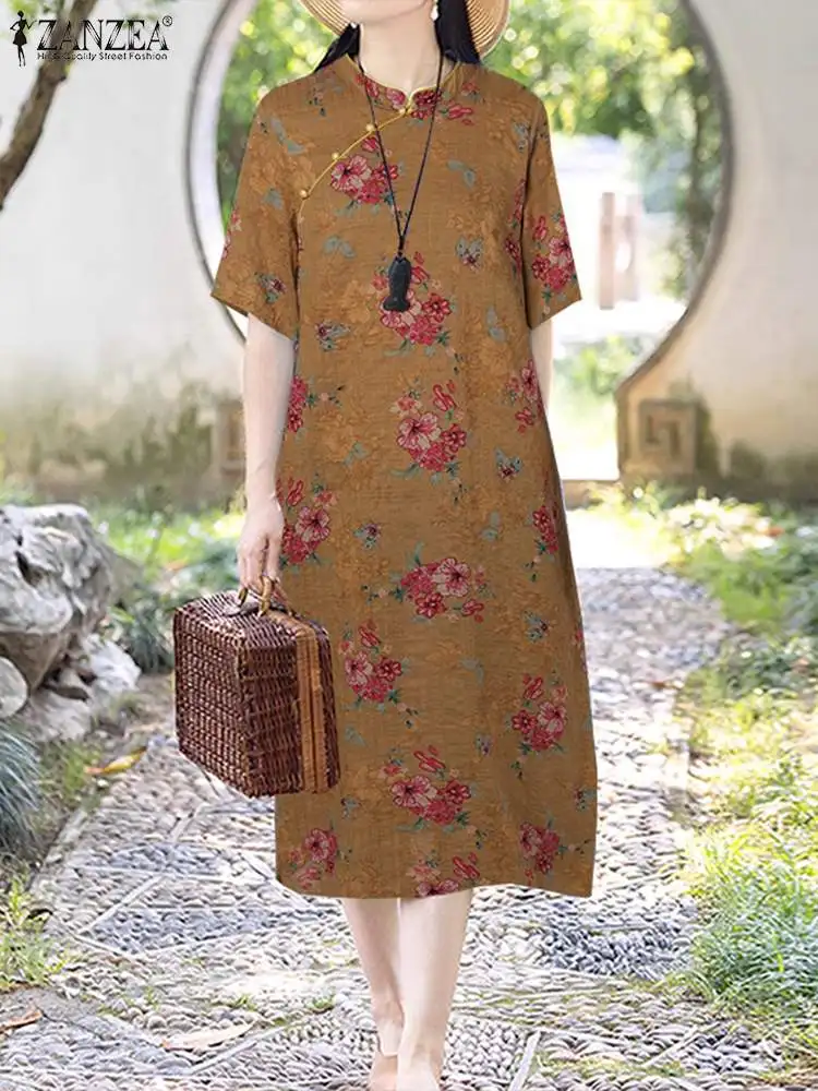 

Лето 2024, ZANZEA, Женский богемный сарафан с коротким рукавом и цветочным принтом, винтажное повседневное элегантное платье, платье средней длины, платье в стиле ретро