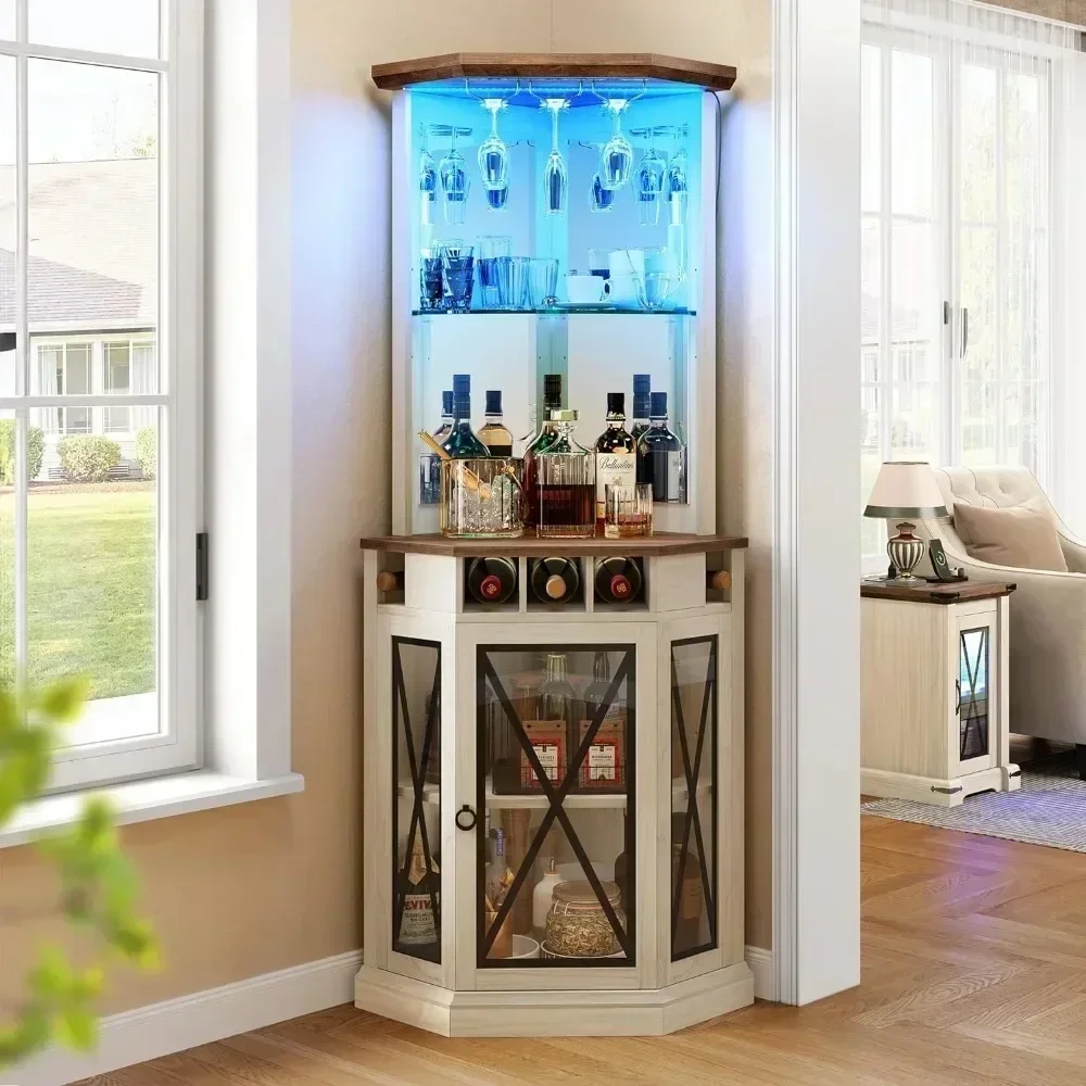 Corner Bar Cabinet w/ LED Lights, 72" Tall Farmhouse Wine Bar Cabinet w/Visualization Glass Door & Adjustable Shelves, Off White