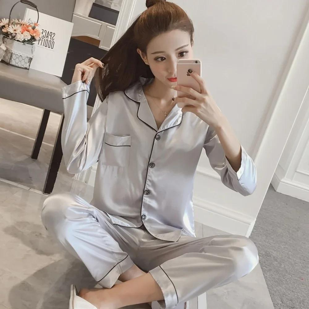 Satin Pajamas for Womens Pyjamas Set Long Sleeve Sleepwear Women's Set Pajamas Suit Two Piece Set Loungewear Plus Size Homewear