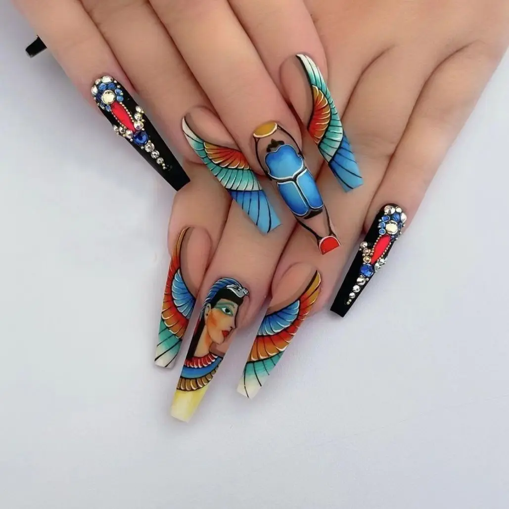 24 Pcs Multicolor Wings Pattern Design Long Coffin False Nails Wearable  Ballerina Fake Nails Full Cover Nail Tips Press On Nails - AliExpress
