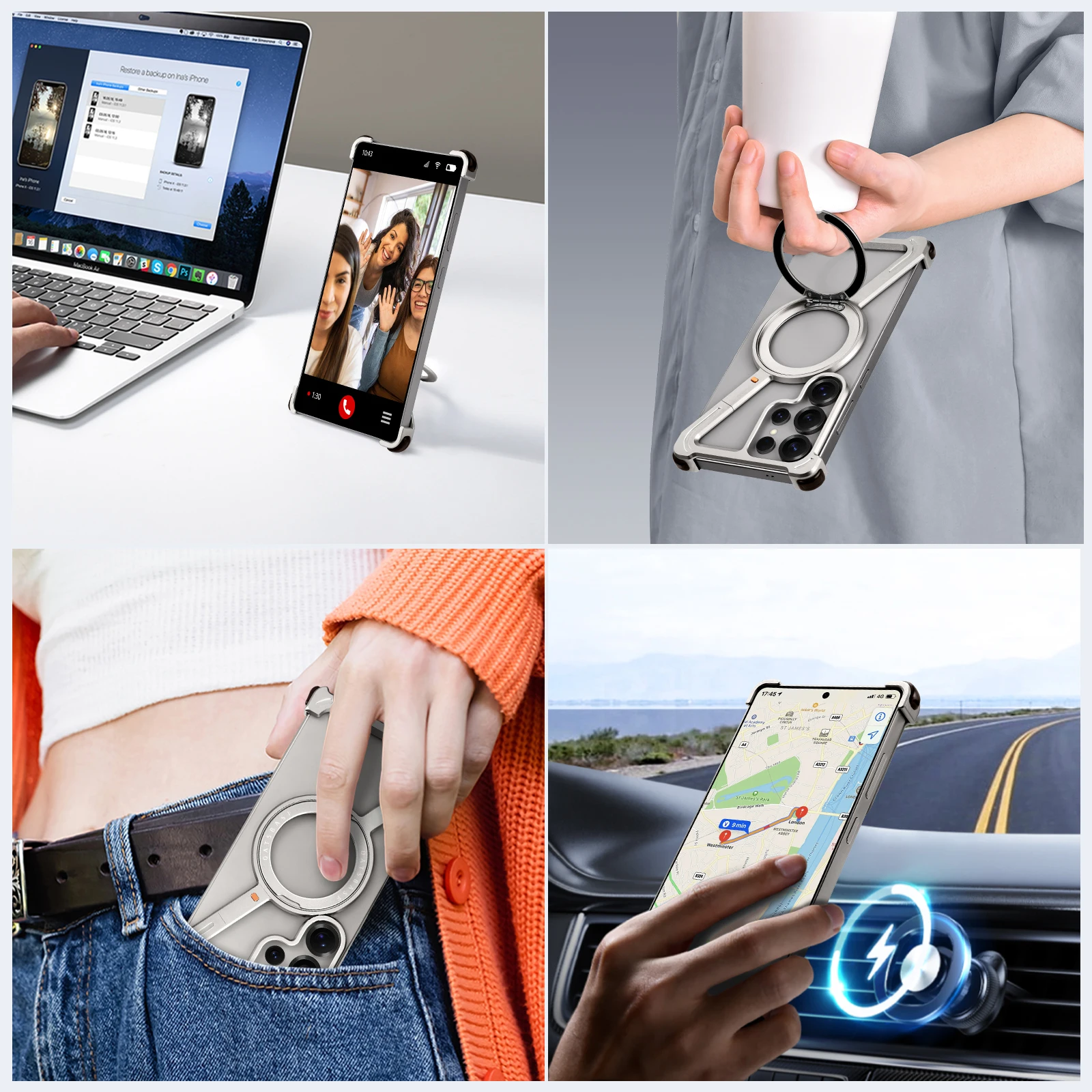 Eary for Samsung Galaxy S25 S24 Ultra Phone Case 360°Rotatable Magnetic Stand Metal Frameless Wireless Charging Bumper Cover