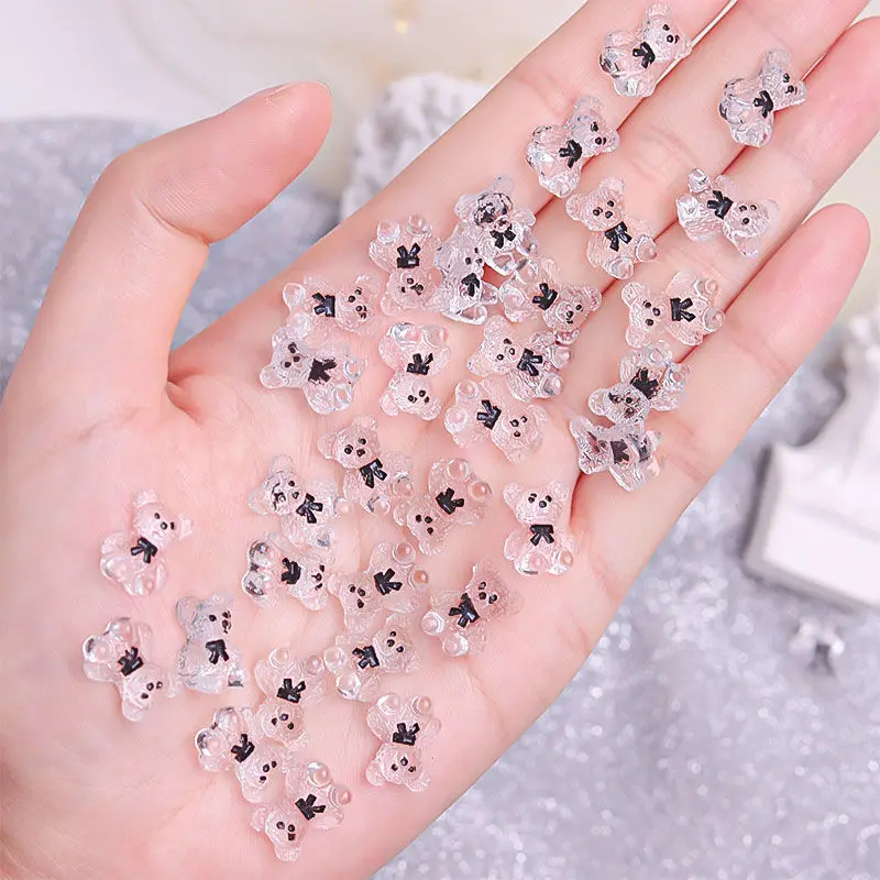 귀여운 절묘한 화이트 베어 네일 아트 참 라인스톤 패션, 다채로운 송진 베어 네일 장식, DIY 아크릴 액세서리, 20 개