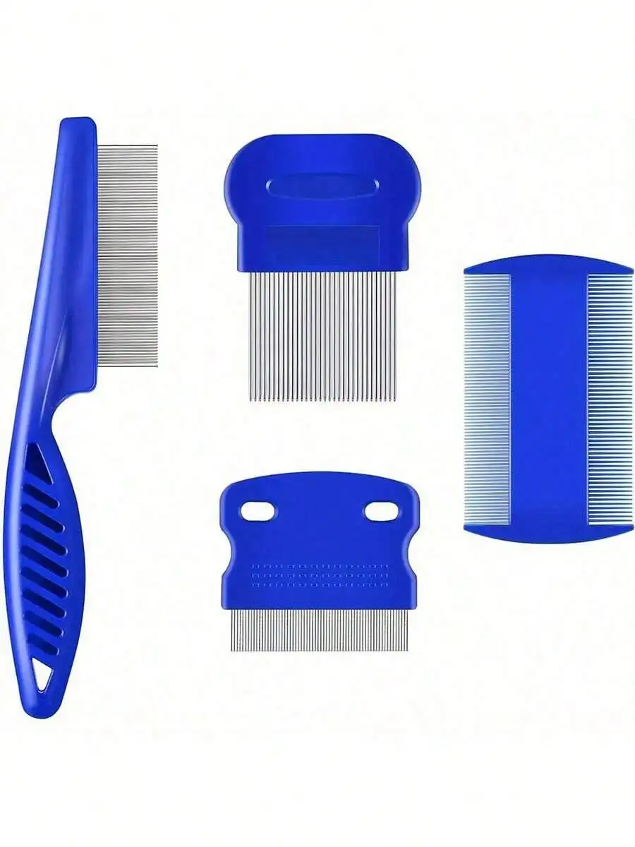 A clean, top-down studio shot of the complete four-piece pet grooming set against a plain white background. The set includes one long-handled flea comb, two rectangular fine-tooth combs of different sizes, and one double-sided grooming comb, all featuring bright blue plastic grips and silver metal teeth.