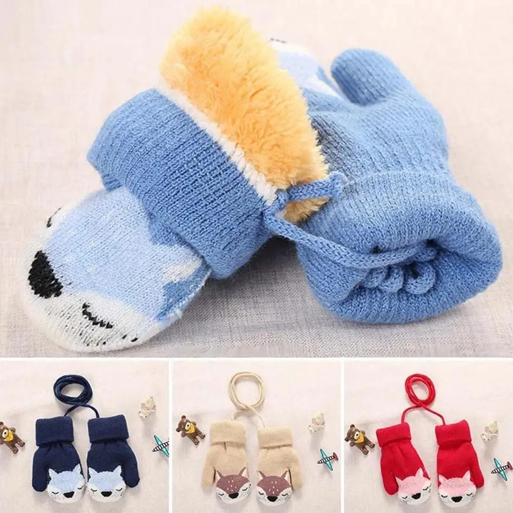 Children Gloves Winter Cartoon Fox Thicken Plus Velvet Halter Gloves For Kids Toddler Outdoor Keep Warm Knitted Mittens