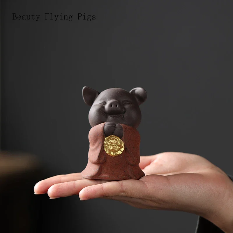 Creative Purple Sand Small Size Wufu Pig Tea Pet Decoration Tea Art Tea Set Accessories Artificial  Animal  room decor