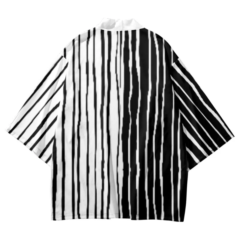 

Fashion Black White Striped Printed Traditional Japanese Kimono Cosplay Cardigan Haori Beach Yukata Streetwear Women Men Shirts