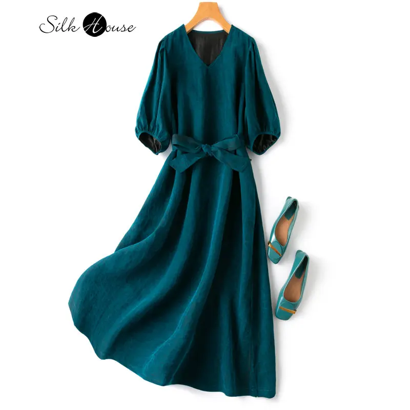 

2023 Women's Fashion Spring/Summer New Turquoise Green Turtle Crack Fragrant Cloud Silk Commuter Dress