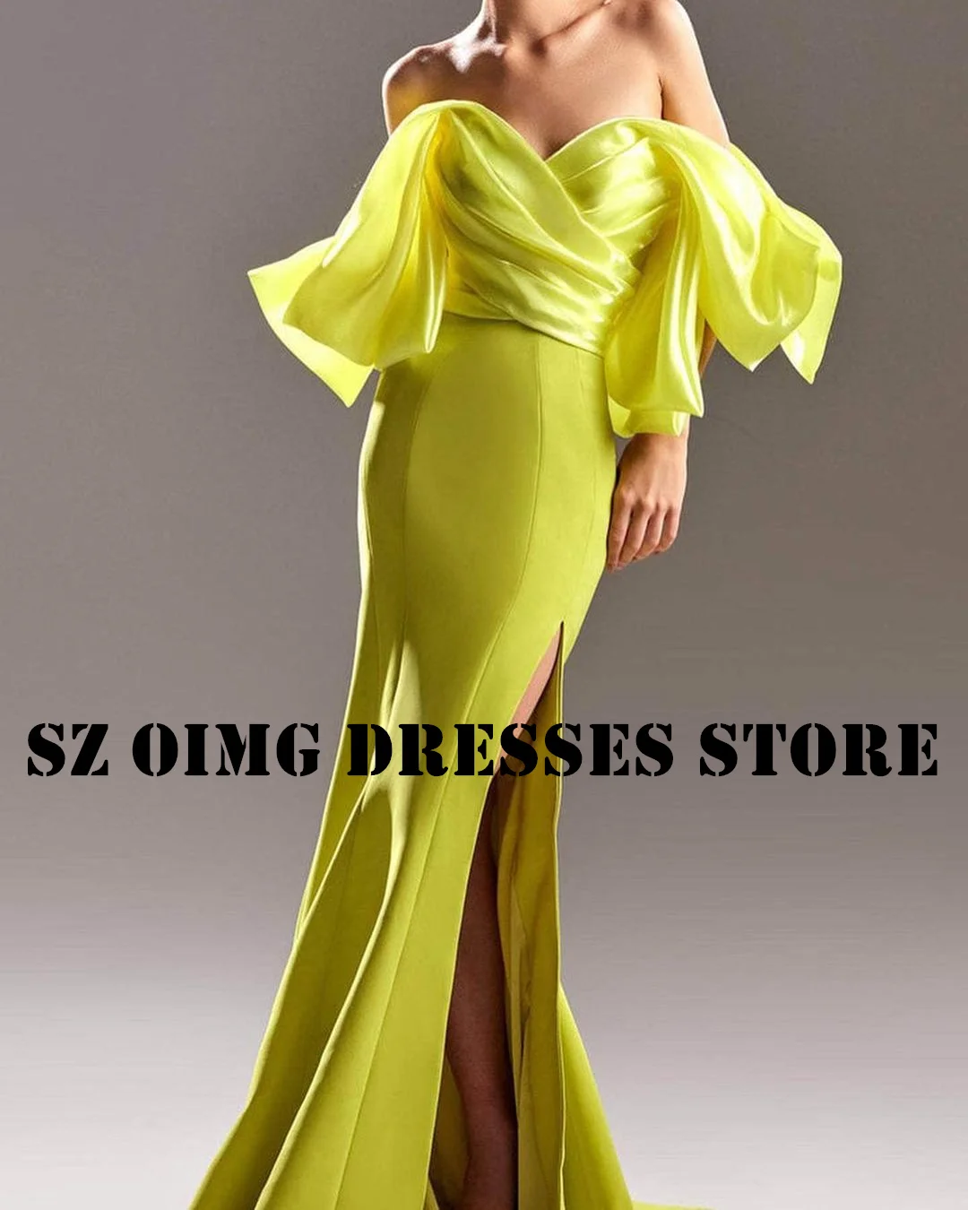 

OIMG New Design Off the Shoulder Prom Dresses Arabic Women Short Sleeves Satin Floor Length Evening Gowns Formal Party Dress