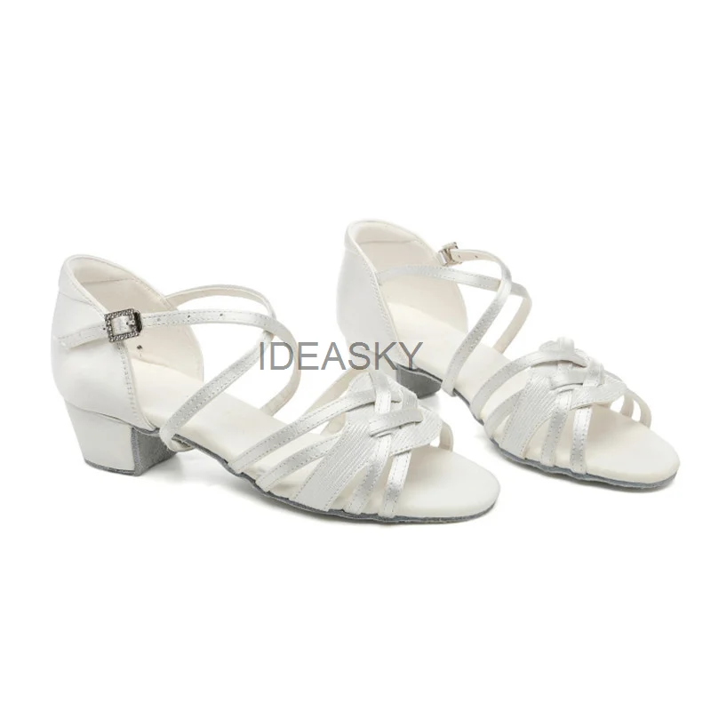 New White Satin Girls Children/Child/Kids Ballroom Tango Salsa Latin Dance Shoes Low Heel Shoes 3cm/4cm 5