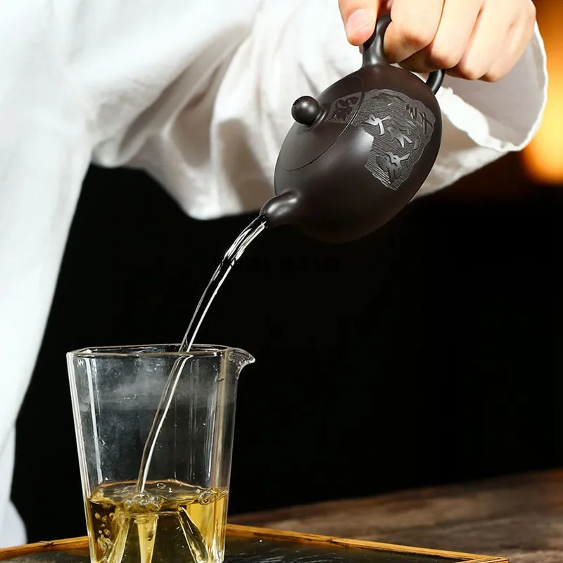 170ml Traditional Yixing Purple Clay Teapots Raw Ore Black Mud Flat Xishi Tea Pot Ball Hole Filtration Zisha Kettle Home Tea Set