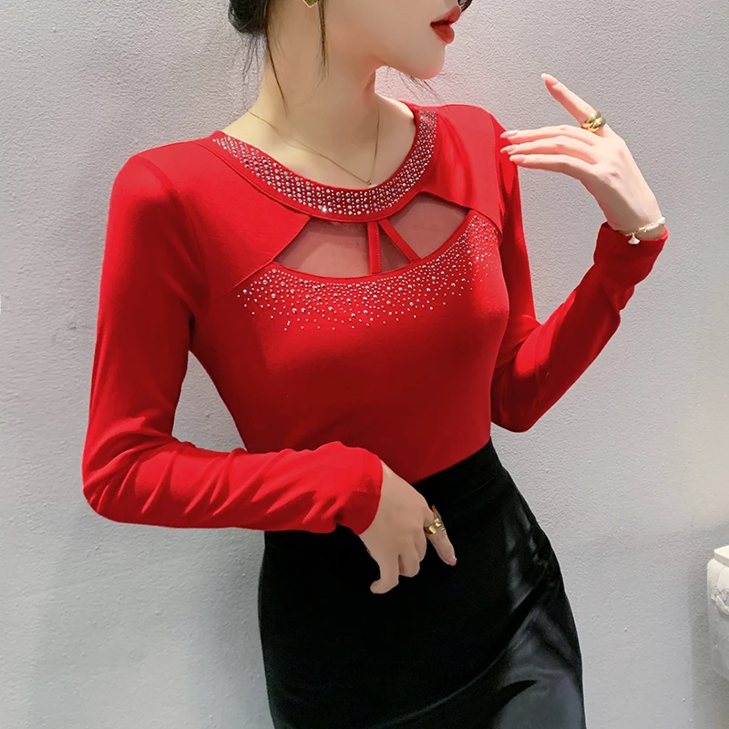 

European Style Girls Kawaii Sexy Hollowed Out Nail Bead T-shirt Women Clothing Female Fashion Vintage Streetwear Clothes Py6101