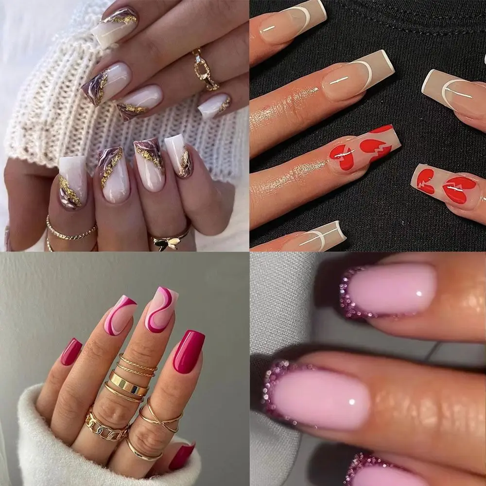 24pcs Nail Tips Press on Nails Fake Nials French False Nails Short Square Blue Diamond Check