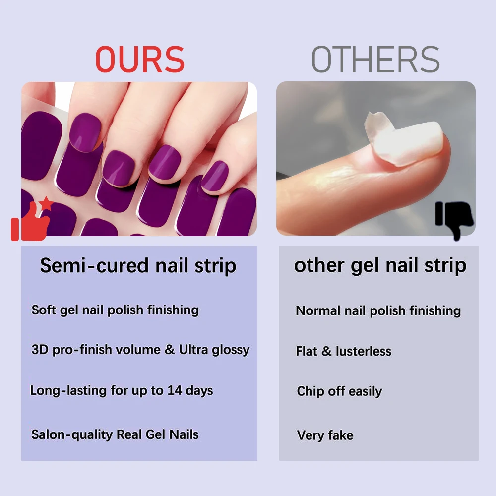 16Tips Semi Cured Gel Nails Wraps Fashion Transparent Clear Solid Color Manicure Decals UV LED Lamp Needed Gel Nail Art Stickers