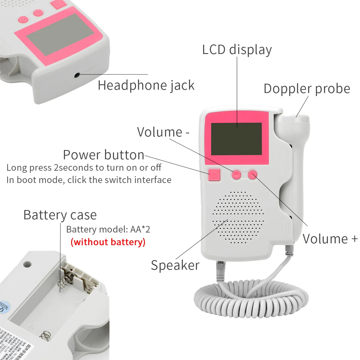 Fetal Doppler Heart Beat Monitor Backlight Lcd Pink Colour With