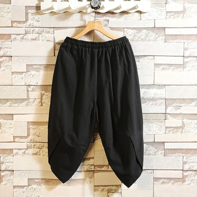 Summer New Men Cotton Linen Baggy Short Pants Men Crotch Hip Hop Bloomers Pants Men's Calf-Length Cross Trousers