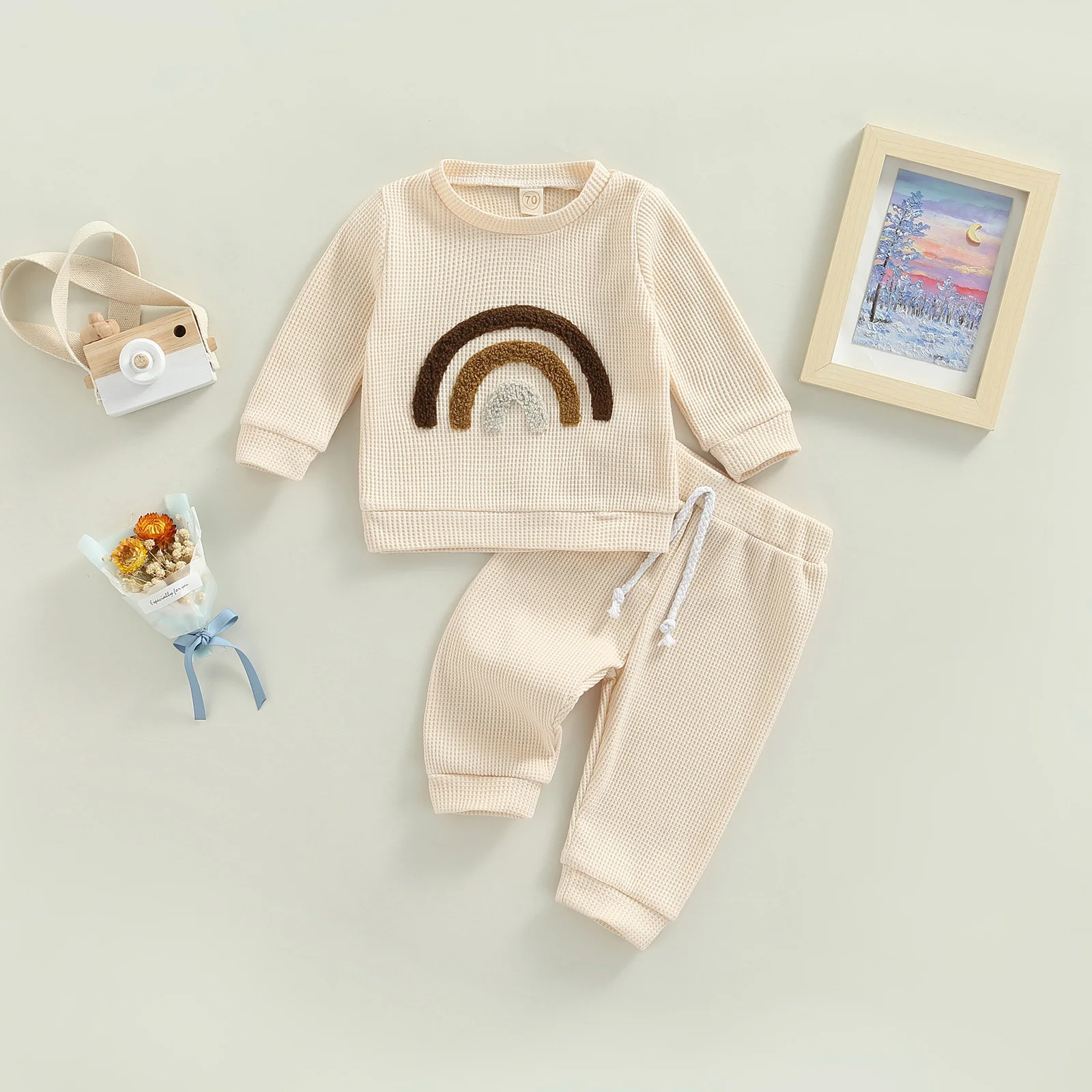 2022-06-15 Lioraitiin 0-24M Newborn Infant Baby Boy Girl Autumn 2Pcs Letter/Rainbow Pattern Long Sleeve Crew Neck Pullover Pant