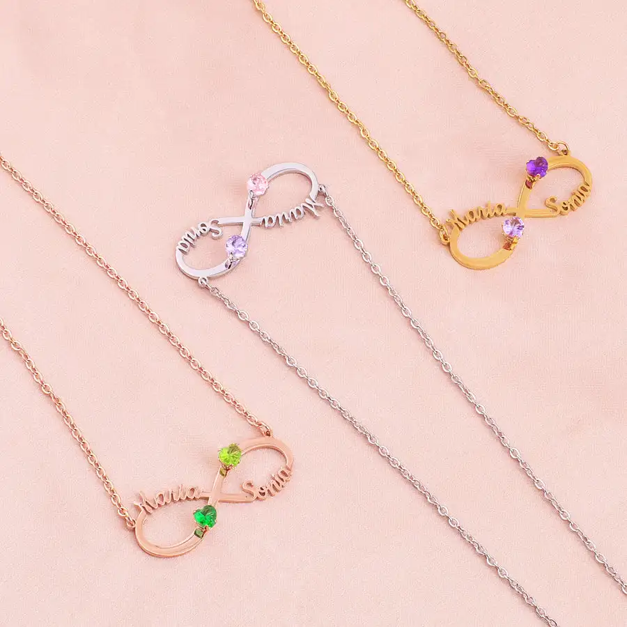 Double Name Infinity Heart Birthstone Necklace Couple Customized Name Necklace Valentine's Day Gift for Her