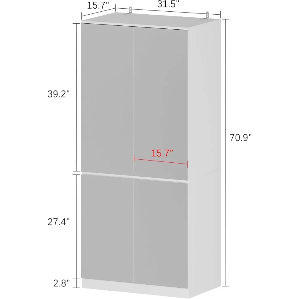 Wardrobe Closet with 4 Glass Full Length Mirror Doors & Hanging Rod Bedroom,White 31.5" W x 19.7" D x 70.9" H Wood Wardrobe 2