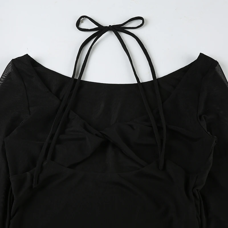 Stylish Cut Out Front Black Sexy Top for Women Mesh Long Sleeve V-neck Halter T-shirt Autumn Vintage Fitted Tees