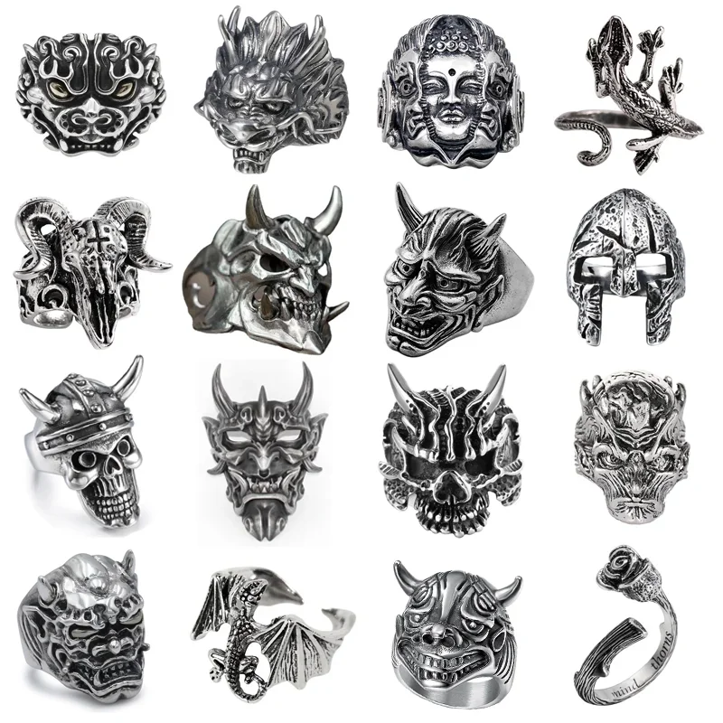 Finger Ring Silver Ring Retro Punk Demon Skeleton Hip Hop Rock Locomotive Titanium Steel Alloy for Men and Women