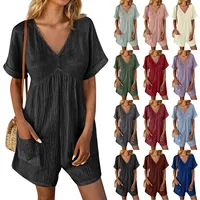 Summer Casual Overalls For Women Loose Ruched Short Sleeve V Neck Shorts Jumpsuits With Pockets Rompers Solid Bib Overall - Image 2