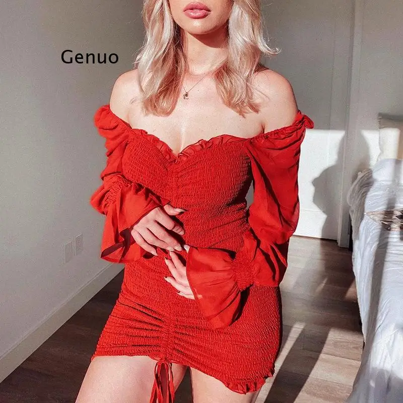 

High Fashion Elegant Commuting V-neck Dress Sexy Sweet Solid Color Ruffle Dress Office Ladies Elegant Straight Long Sleeve Dress