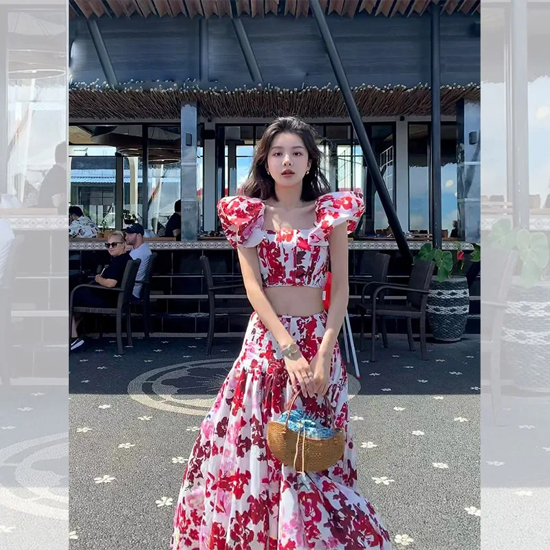 

Women's Puff Sleeve Floral Summer Niche Design Long Skirt Two-piece Set 1/10